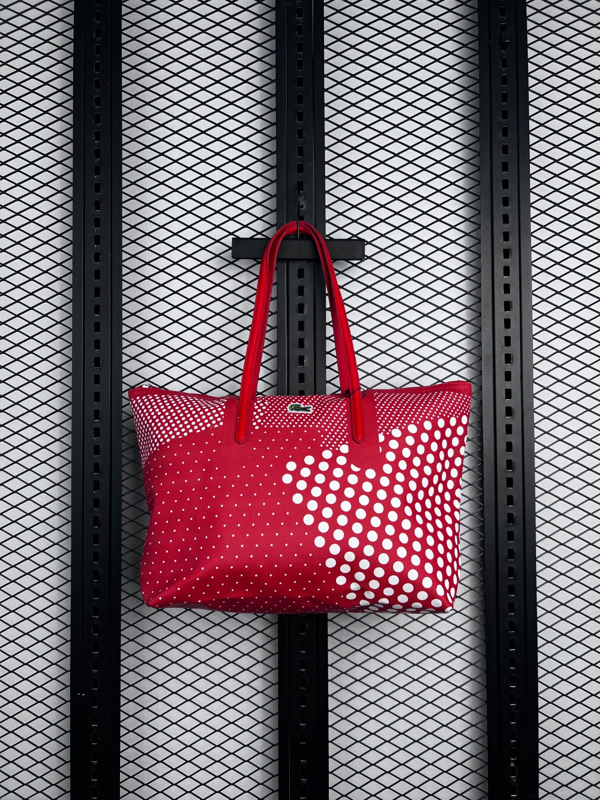 Dual-handle zip tote with geometric dot pattern