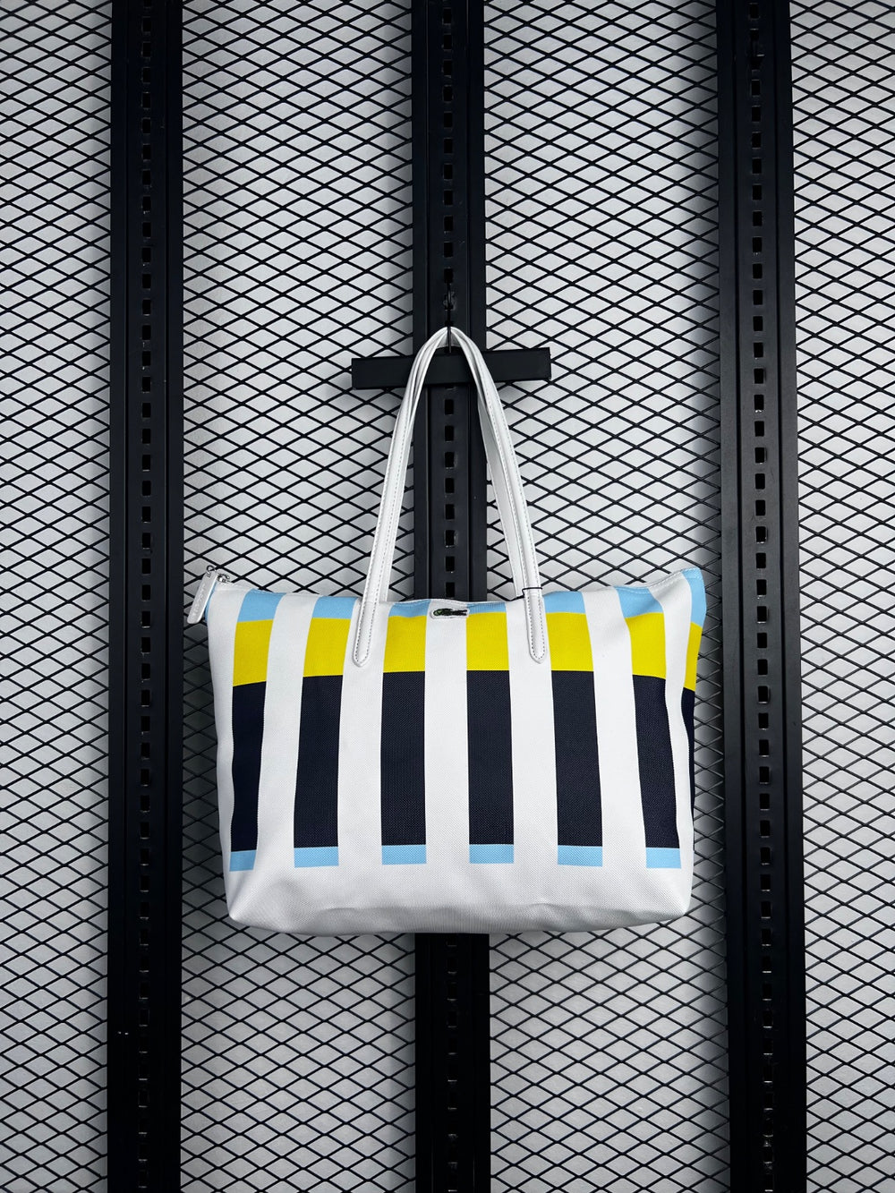 Block-striped coated shopper tote with top handles