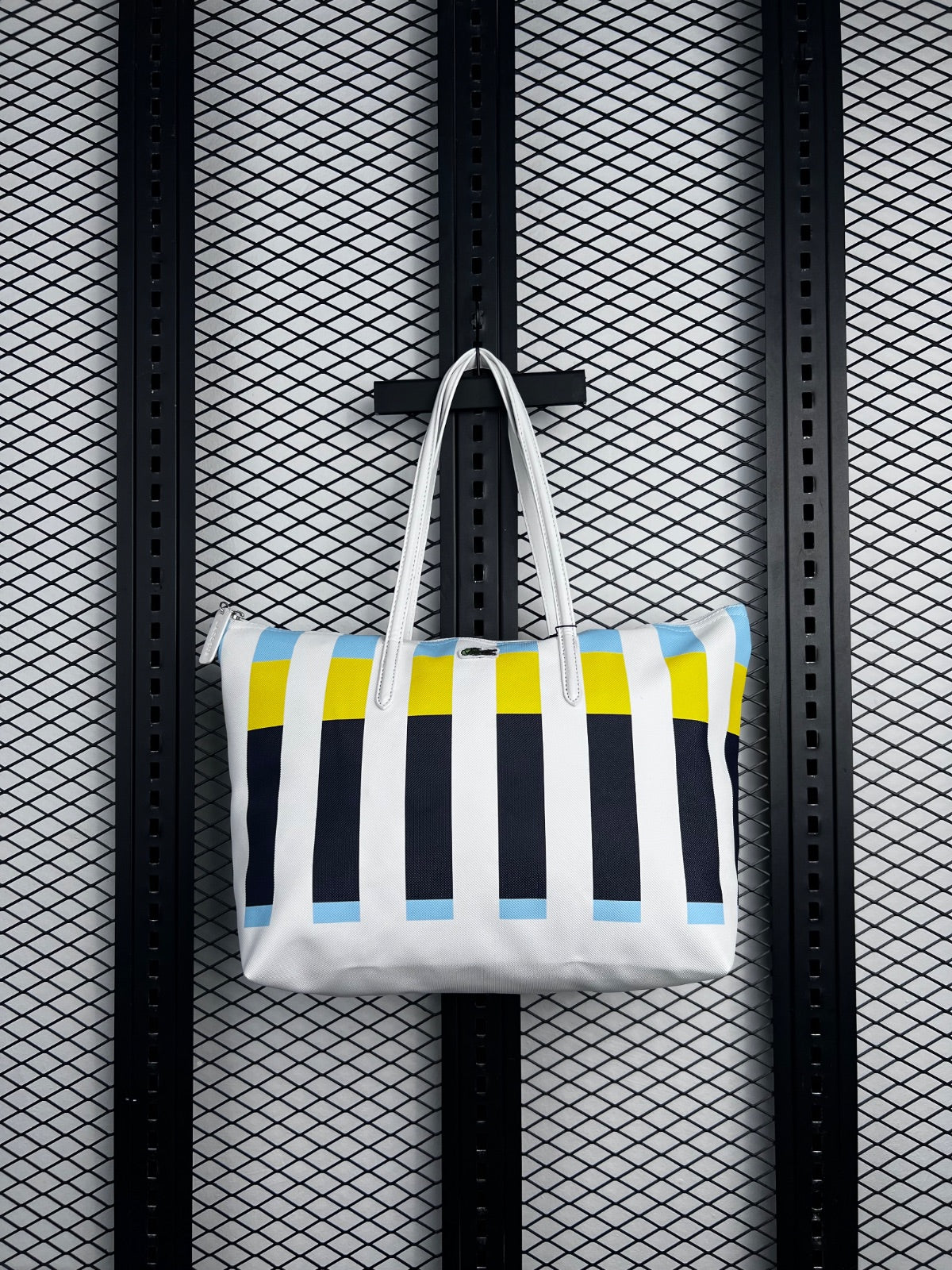 Block-striped coated shopper tote with top handles