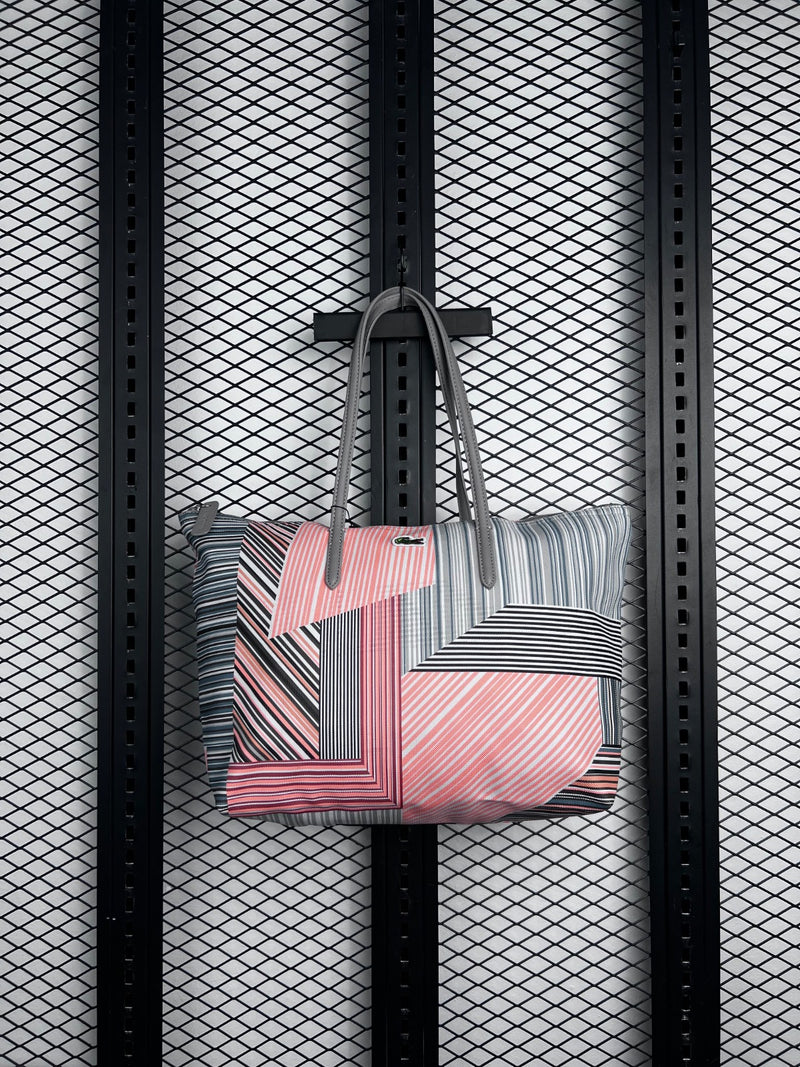 Grey shoulder-strap tote with geometric stripe panels