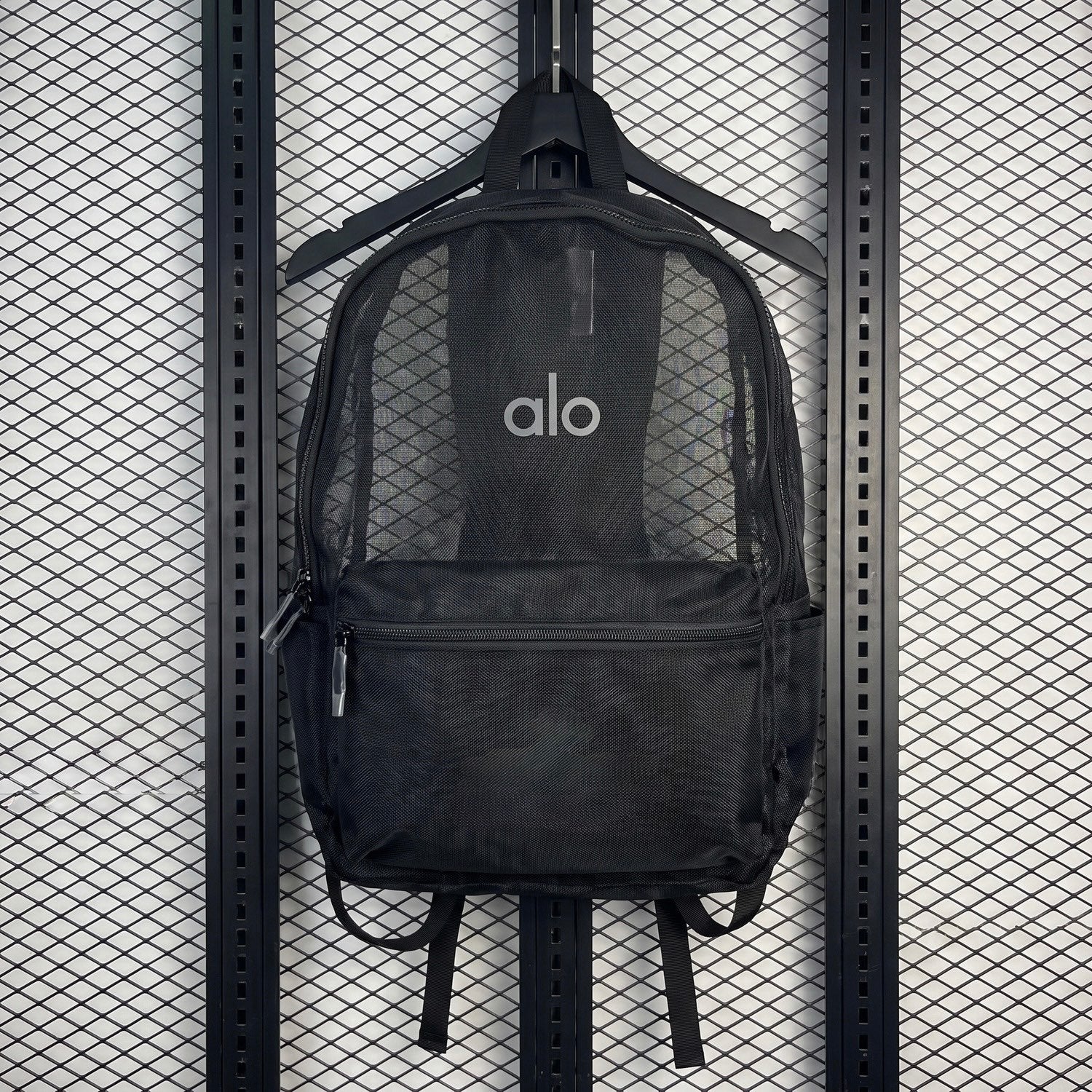 Zip-top daypack in sheer black mesh