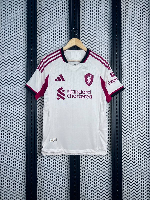 Lightweight performance knit jersey in cream and deep red