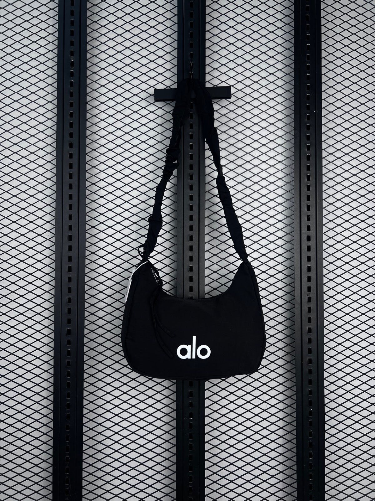 Ruched-strap nylon shoulder bag in black