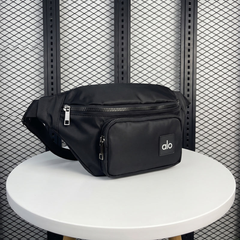 Black nylon belt bag with front zip pouch