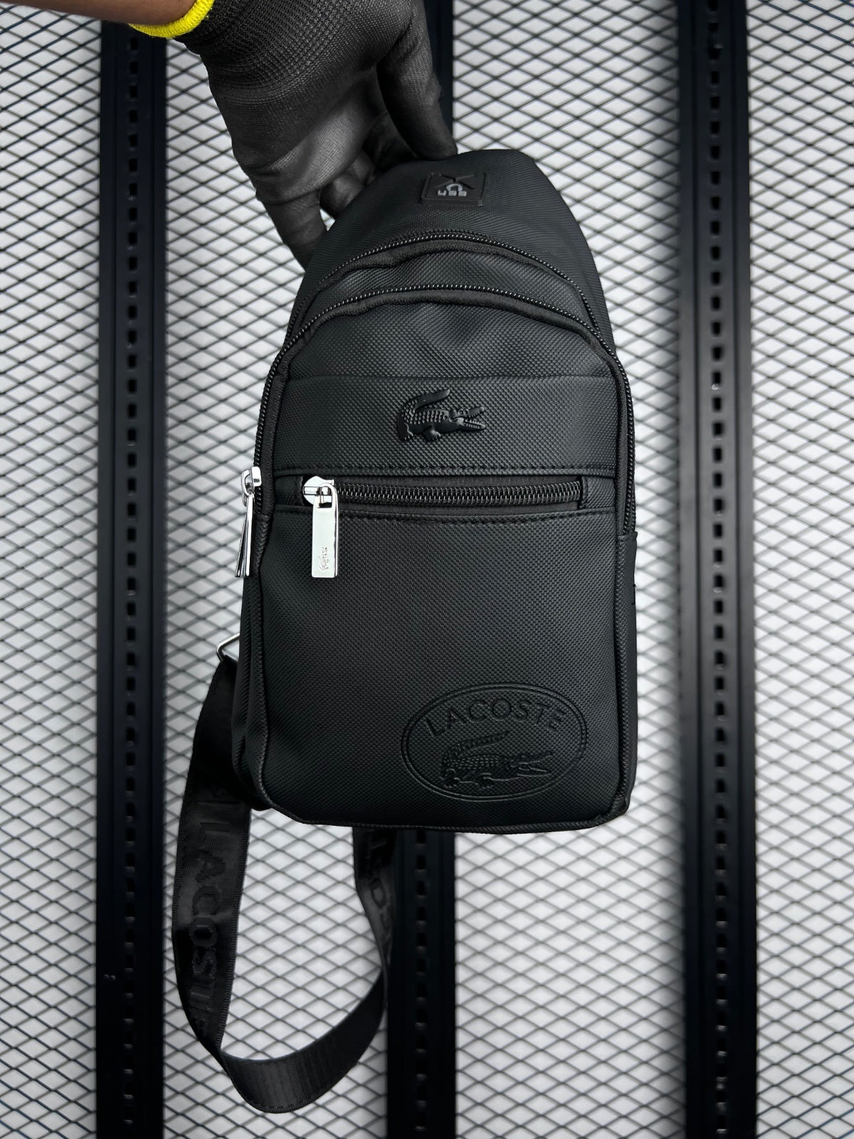 Metal-pull zip canvas crossbody sling bag in black