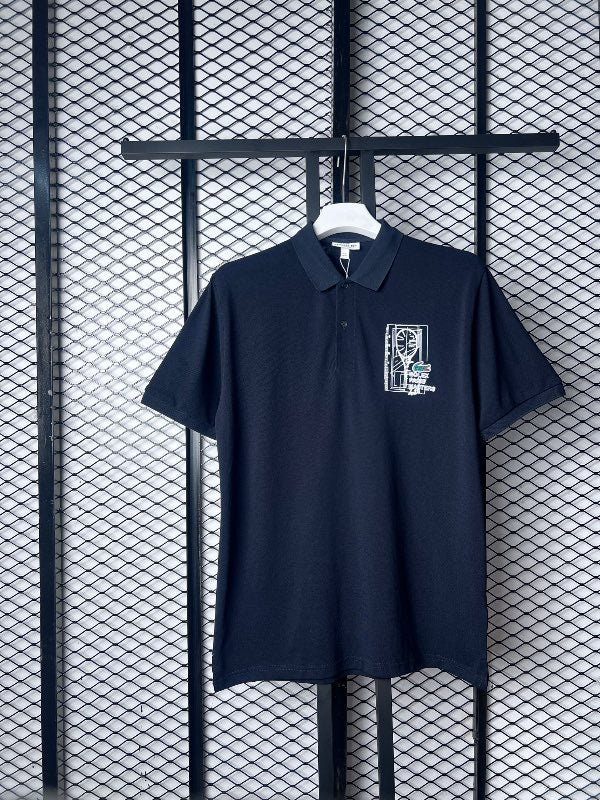 Navy pique polo with tennis court chest graphic