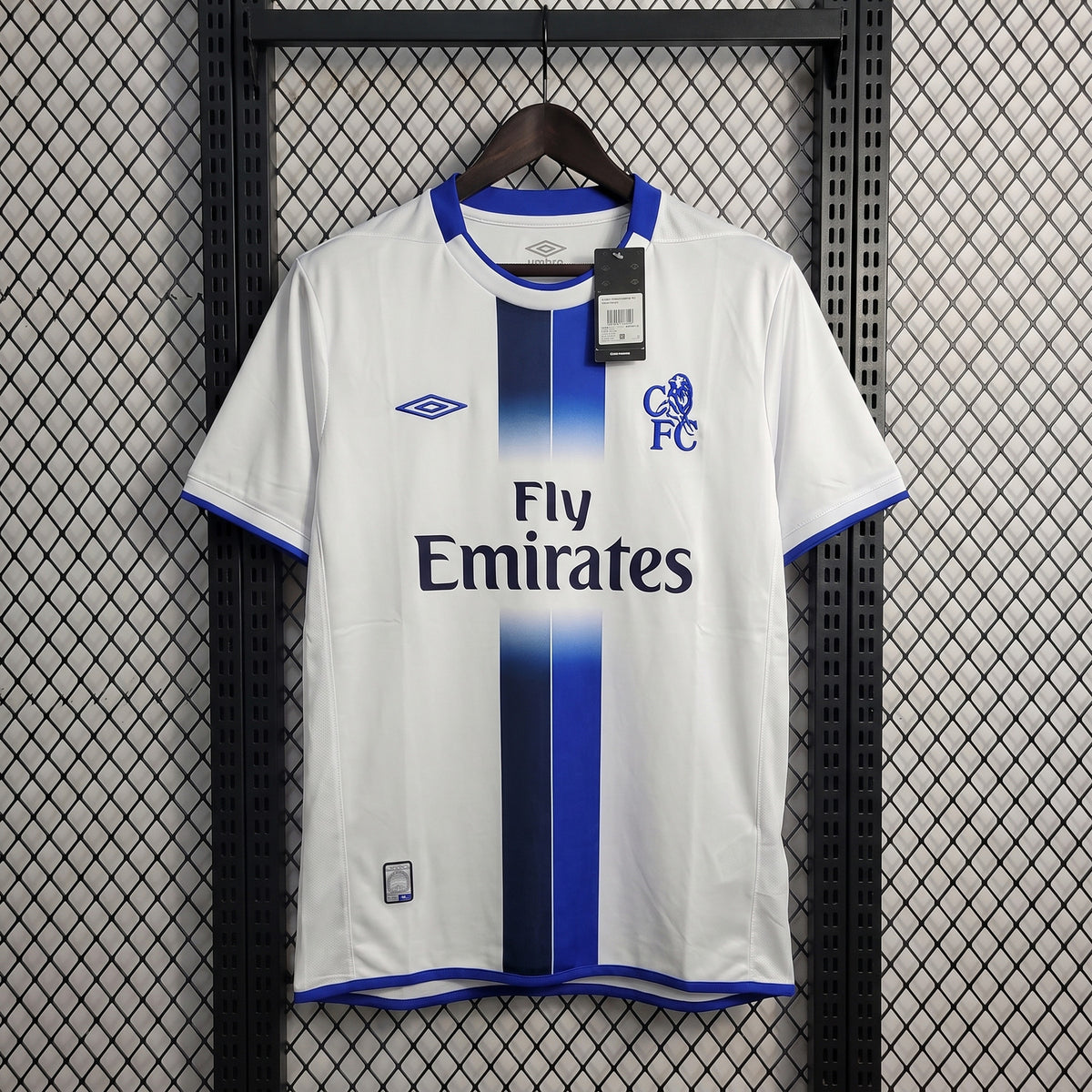 Vertical center-striped athletic jersey in white and blue