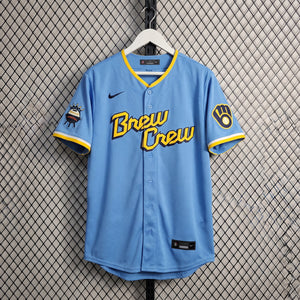 Button-front short-sleeve baseball shirt in sky blue