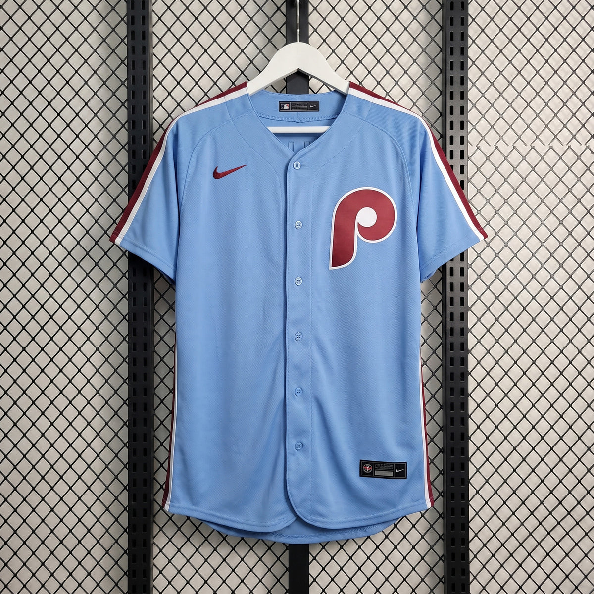 Knit button-down baseball jersey in powder blue