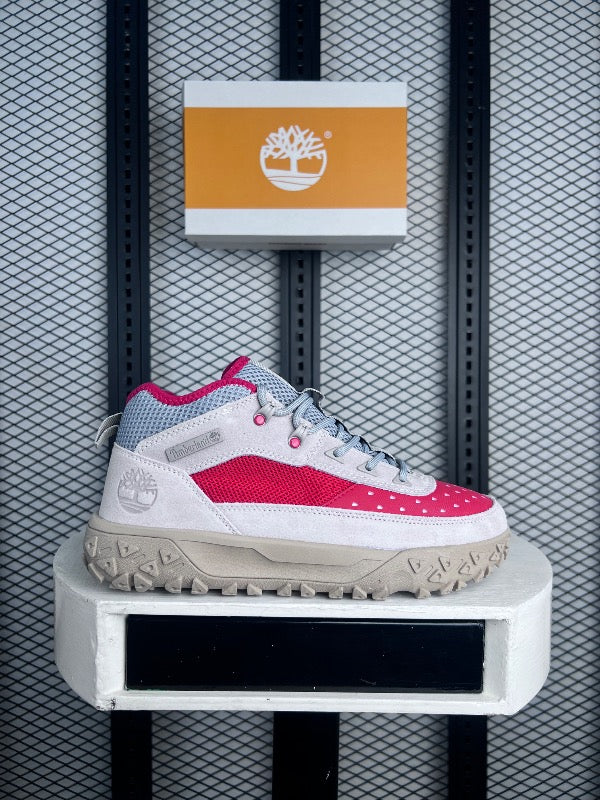 Lugged-sole brushed leather hiker with vibrant pink panels