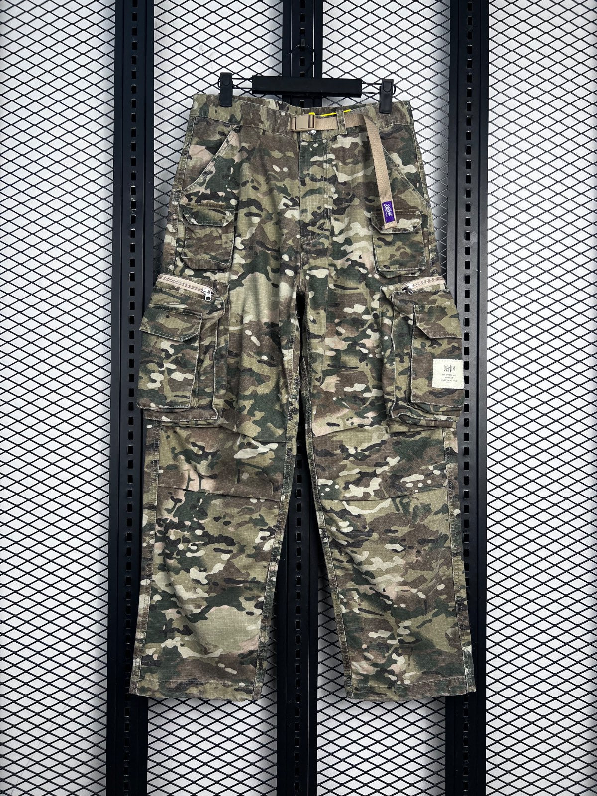 Olive multicam camouflage cargo trousers with integrated belt