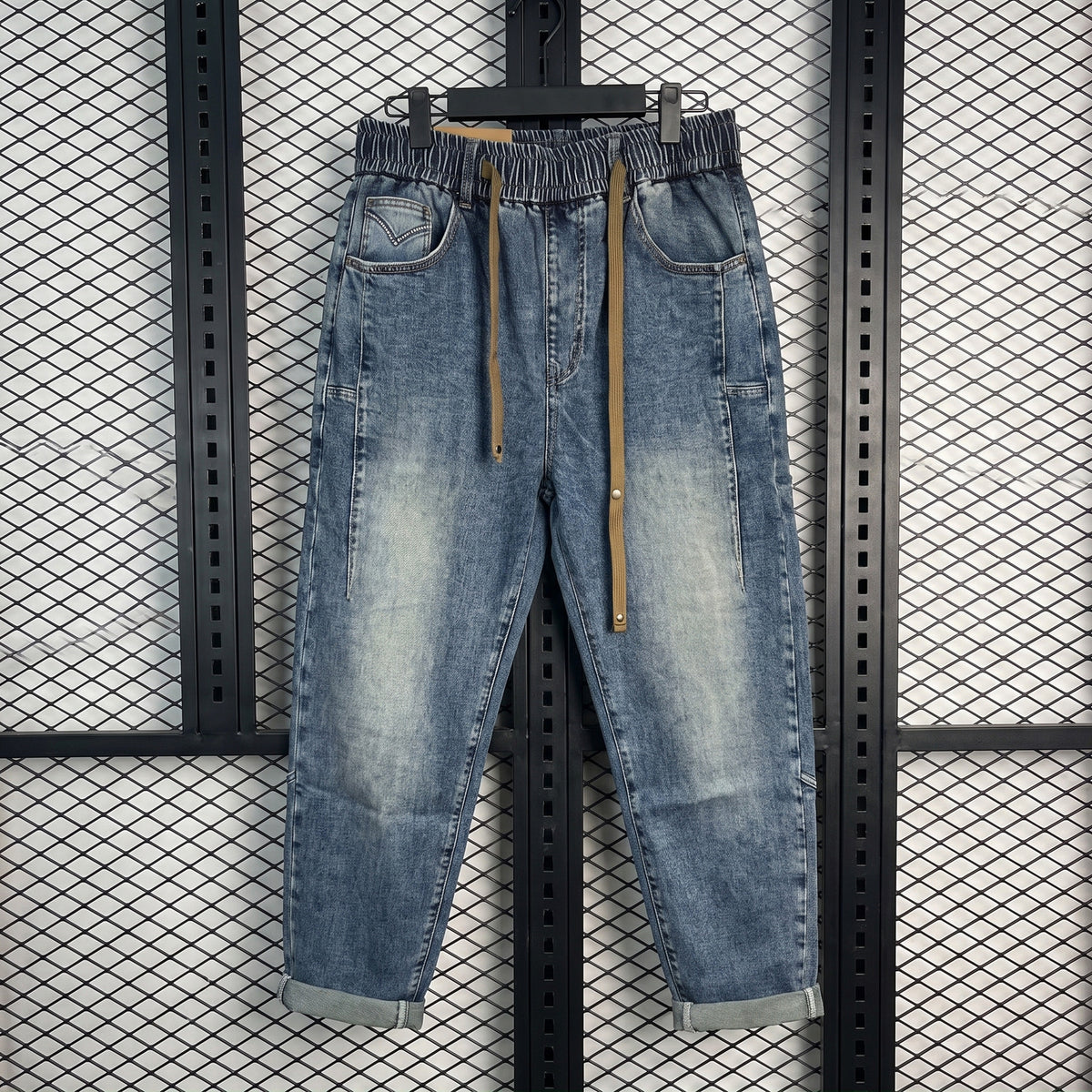 Denim elastic-waist joggers with contrast drawstring