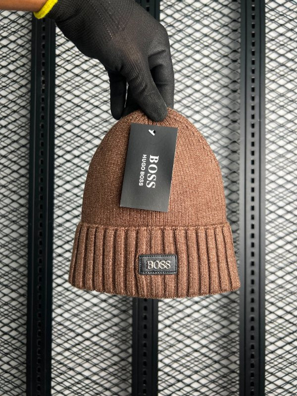 Ribbed turn-up knit beanie brown