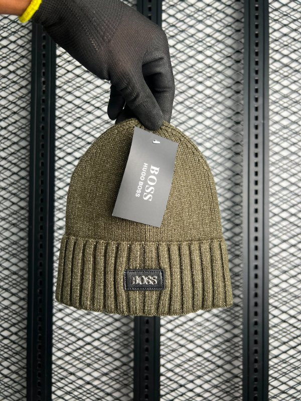 Cuffed knit beanie  in olive green