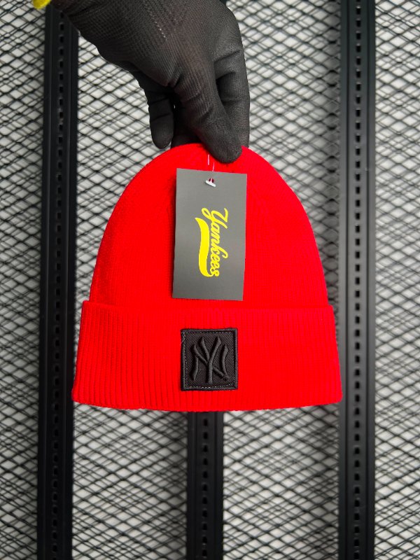 NY beanie red with black logo