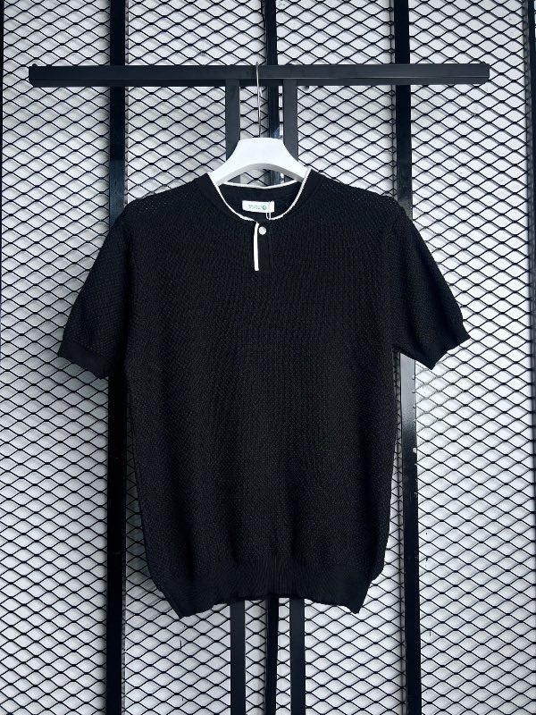 Textured black knit henley with contrast piped collar
