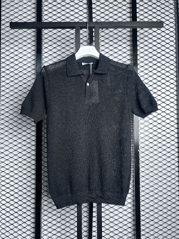 Open-knit short-sleeve polo shirt in charcoal