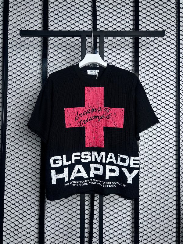 Distressed cross graphic textured knit tee in black