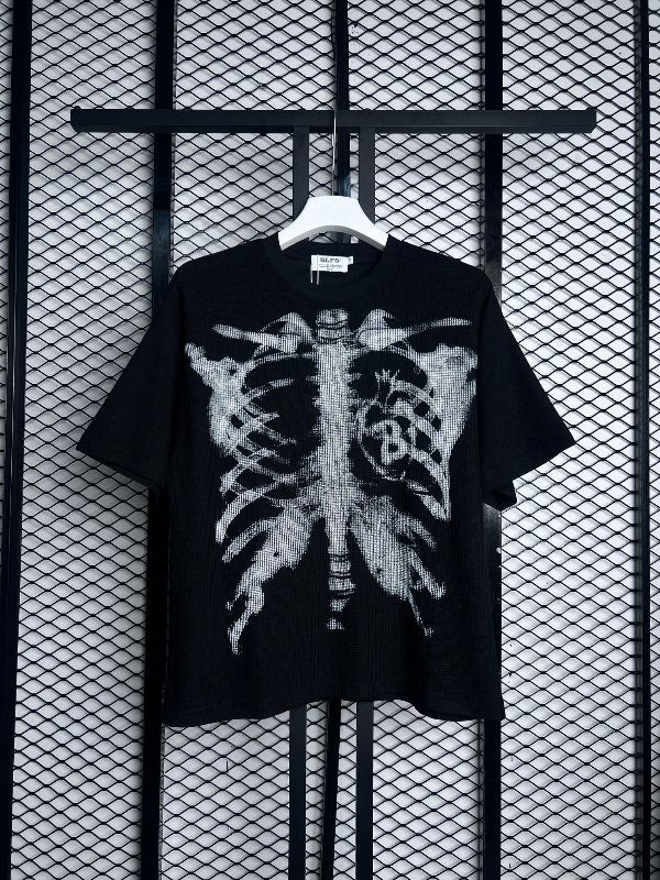 Black textured-knit short-sleeve top with skeleton graphic
