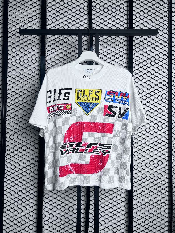 Textured-knit oversized tee with racing graphics