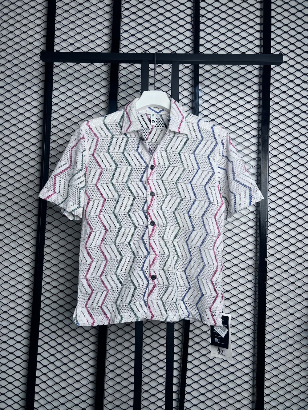 Chevron stripe crochet short-sleeve shirt in cream