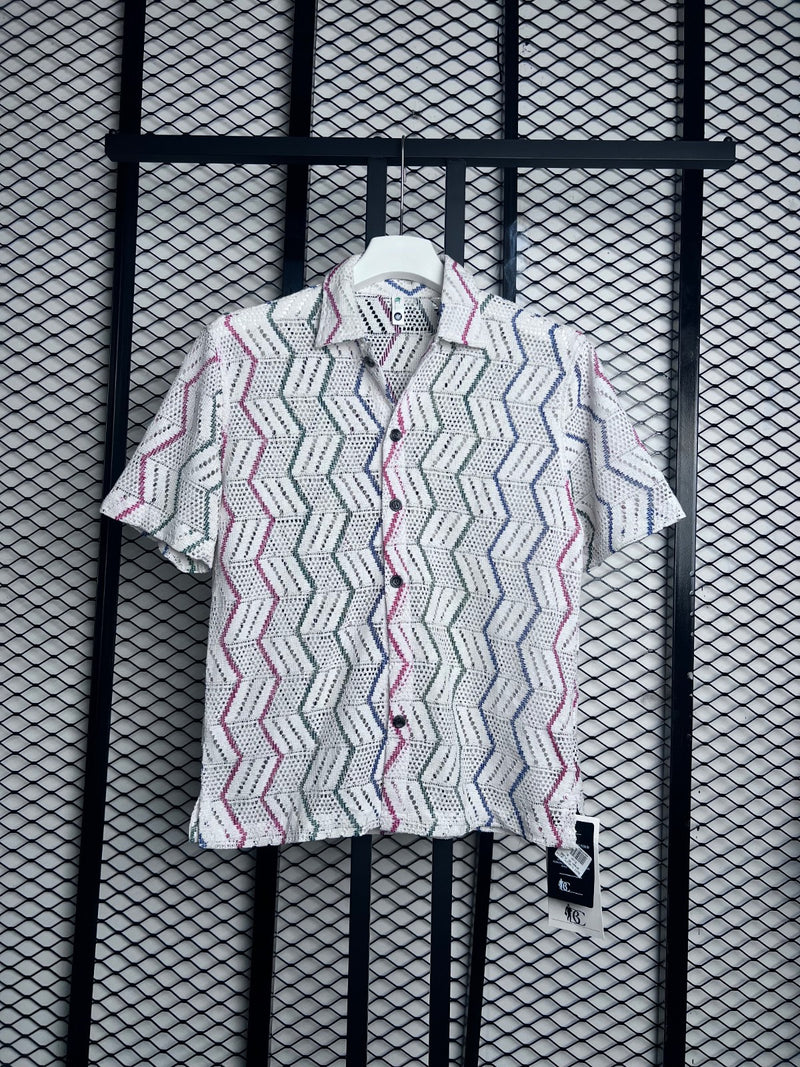 Chevron stripe crochet short-sleeve shirt in cream