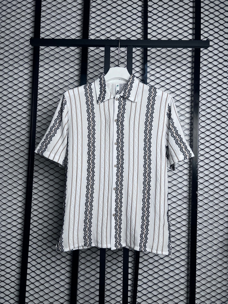 Boxy short-sleeve button-up with textured geometric stripes