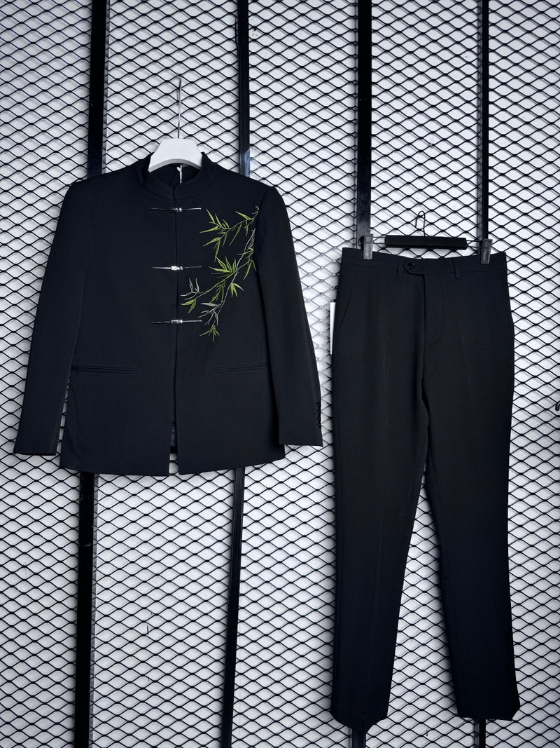 Men’s black suit set featuring distinctive bamboo leaf embroidery on the jacket
