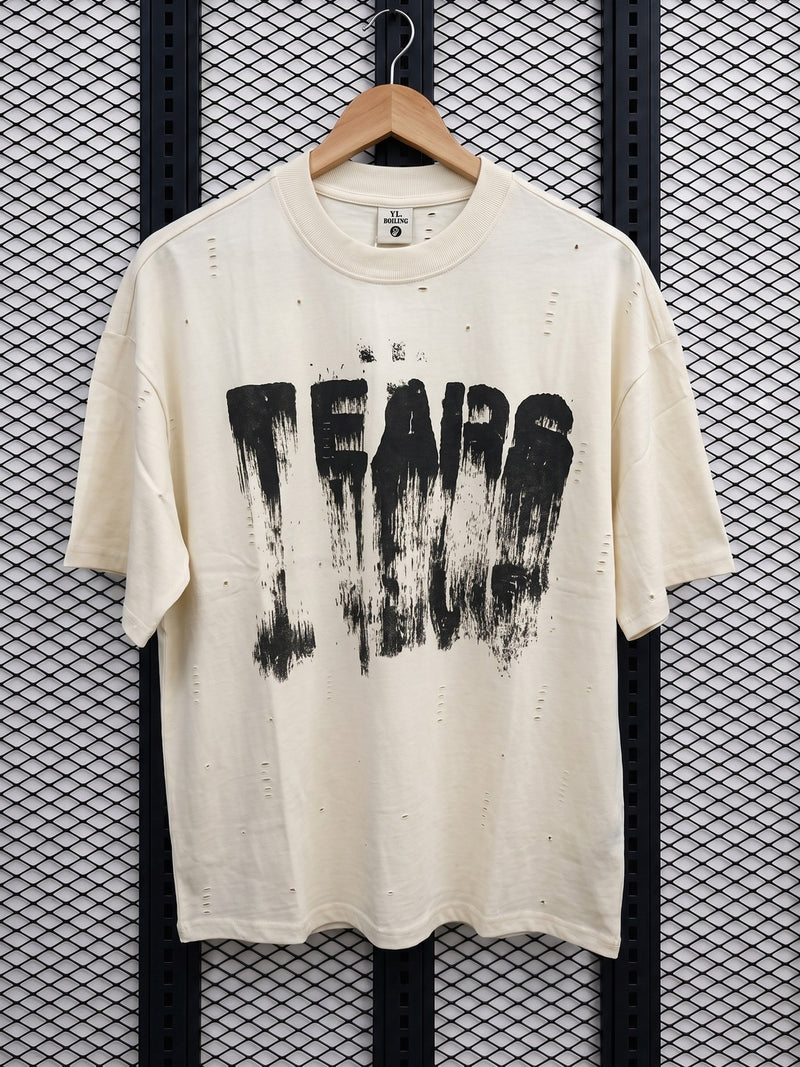 Drip-effect graphic distressed t-shirt in washed cream