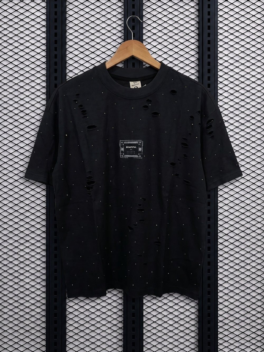 Distressed hole detail crewneck t-shirt in black