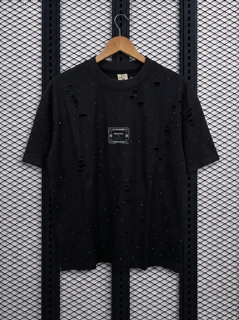 Distressed hole detail crewneck t-shirt in black