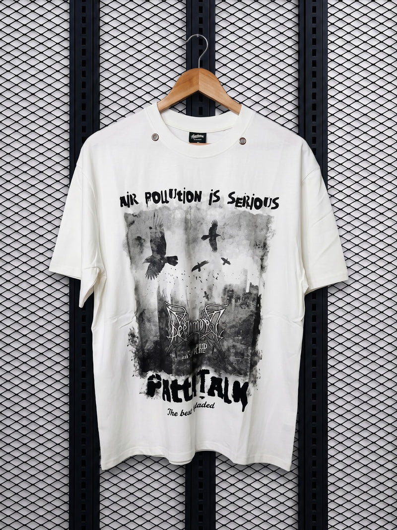 Cream graphic tee with metal eyelet collar detailing