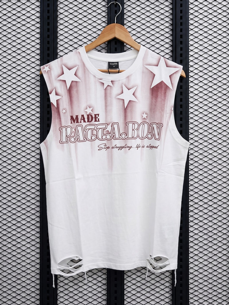Sleeveless tank top with airbrushed stars and distressed hem