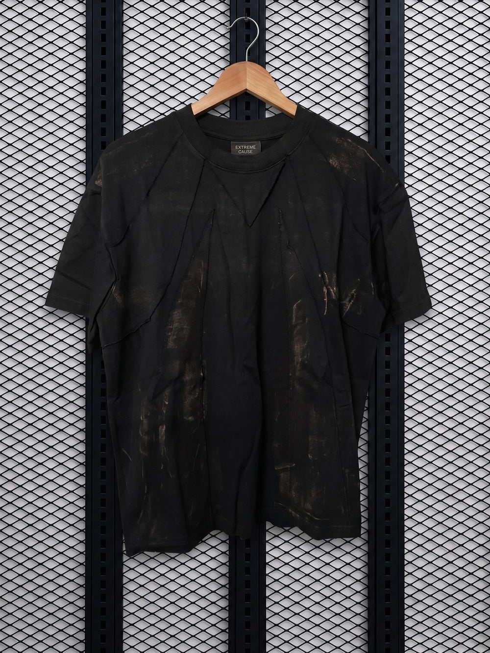 Distressed sun-faded panelled t-shirt in washed black