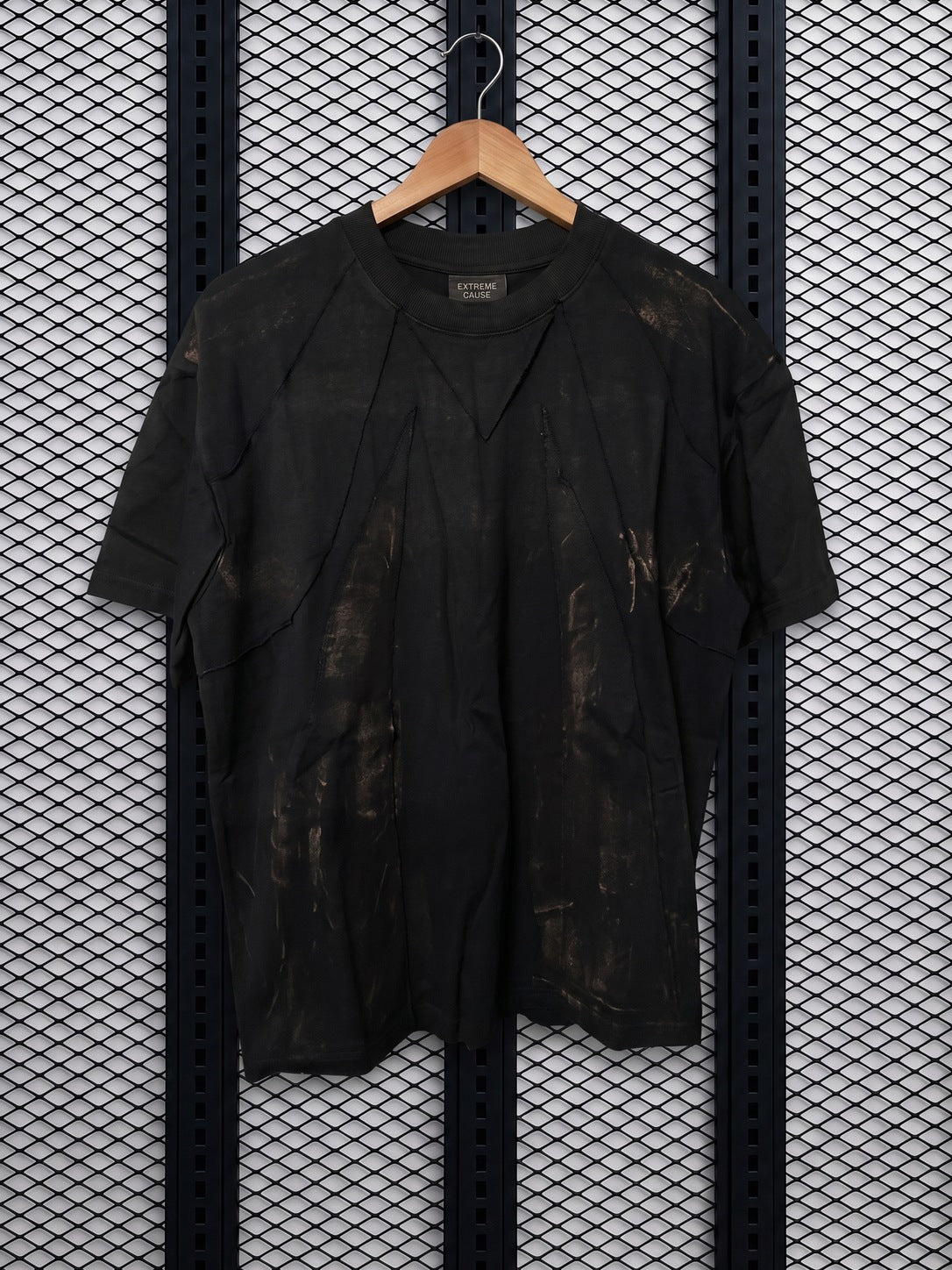 Distressed sun-faded panelled t-shirt in washed black