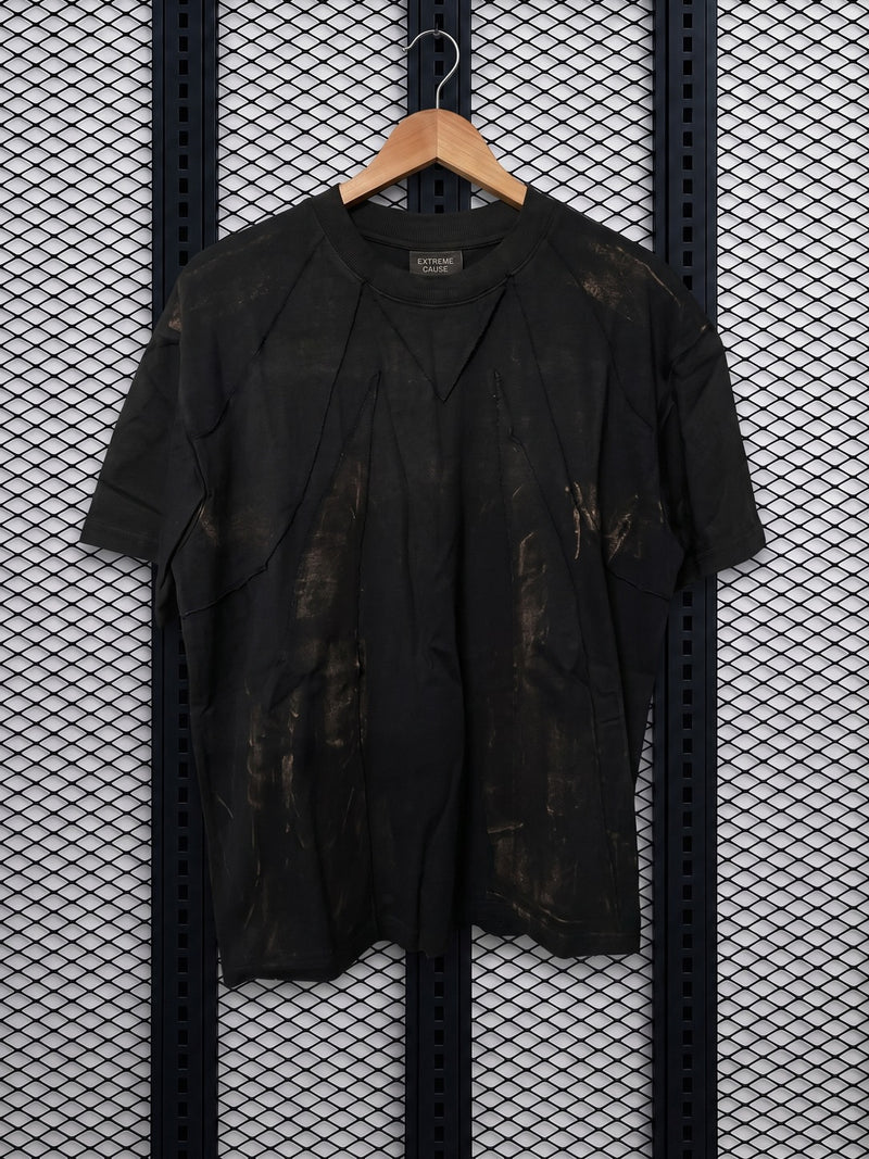 Distressed sun-faded panelled t-shirt in washed black