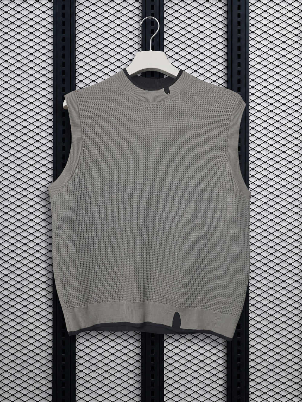 Textured knit sleeveless top with layered trim in grey