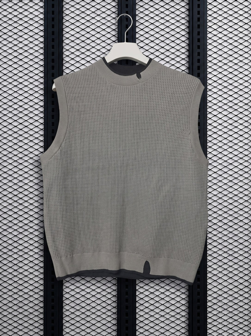 Textured knit sleeveless top with layered trim in grey